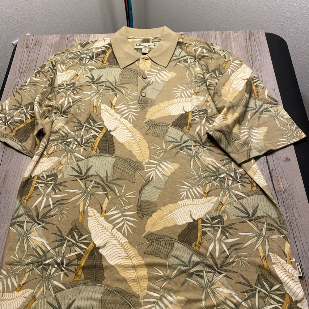 Montego Mon Mens Polo Shirt Tropical Foliage Short Sleeve Silk Cotton Large